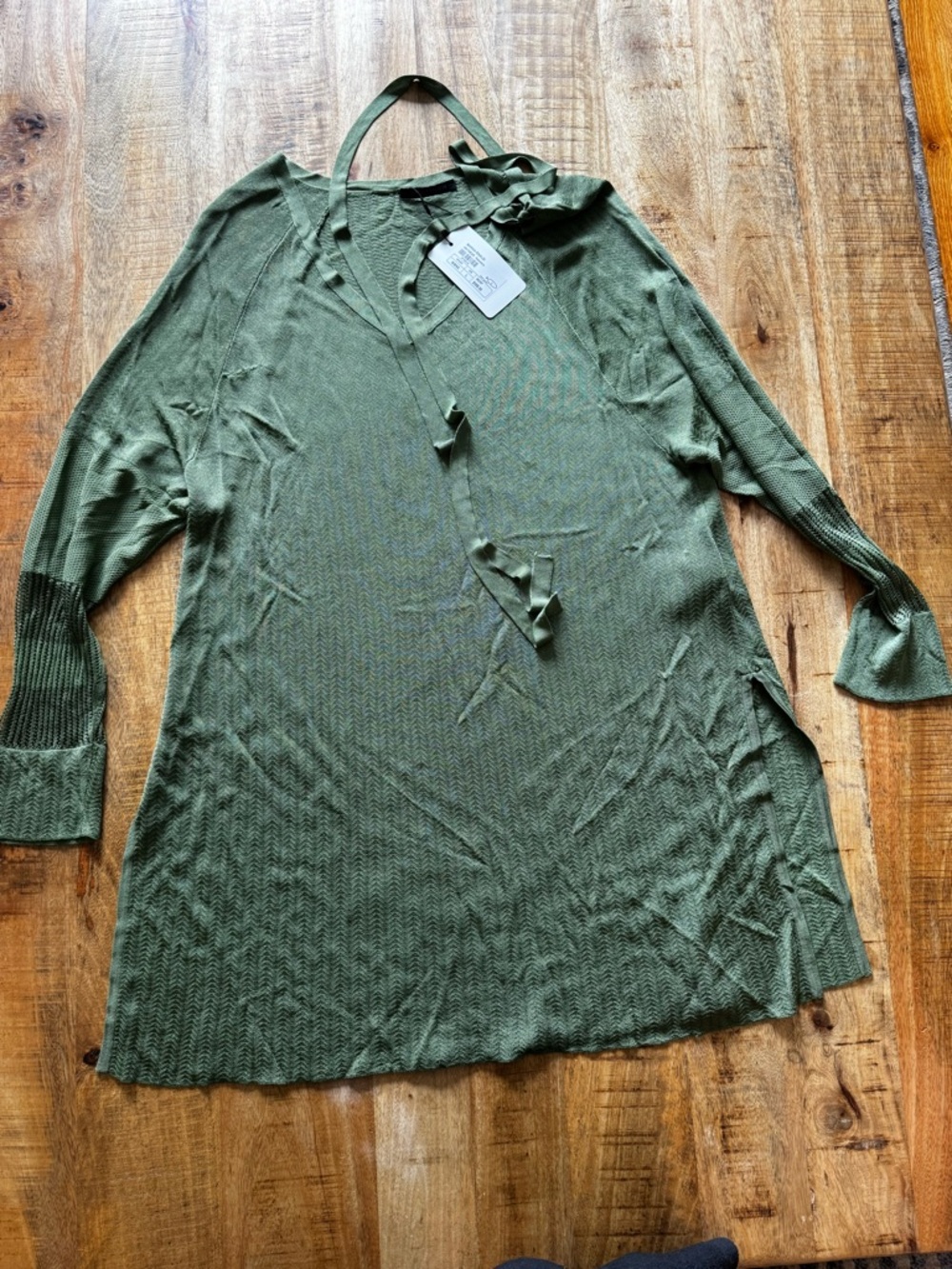 Marina Rinaldi Maglia Sweater Tricot Olive Green V-Neck Tie-Neck Tunic NWT